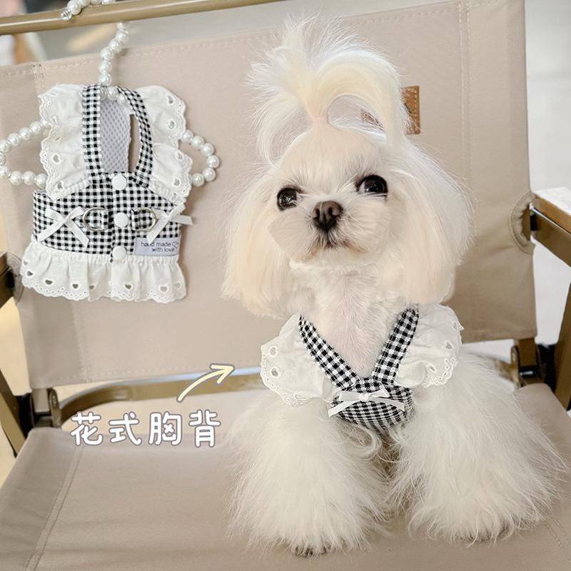 Pet Dog Clothes Lace Skirt Pastoral Style Black Plaid Harness Puppy Dresses Universal Harness Tractionable Retro Princess Dress