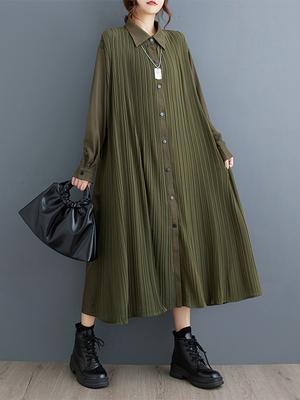 Full Sleeve Solid Color Patchwork Pleated A-line Dress ZY8905