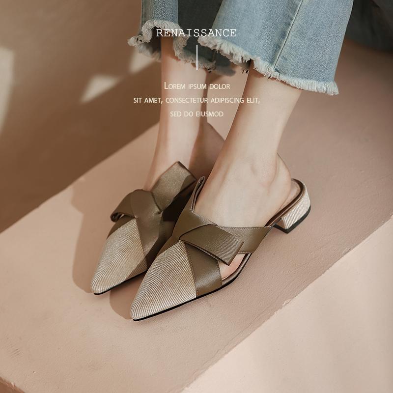 Fashion 2024 Summer Women Shoes Pointed Toe Low Heel Slippers Fashion Shoes for Women Casual Mules for Women Butterfly-knot Lady Shoes