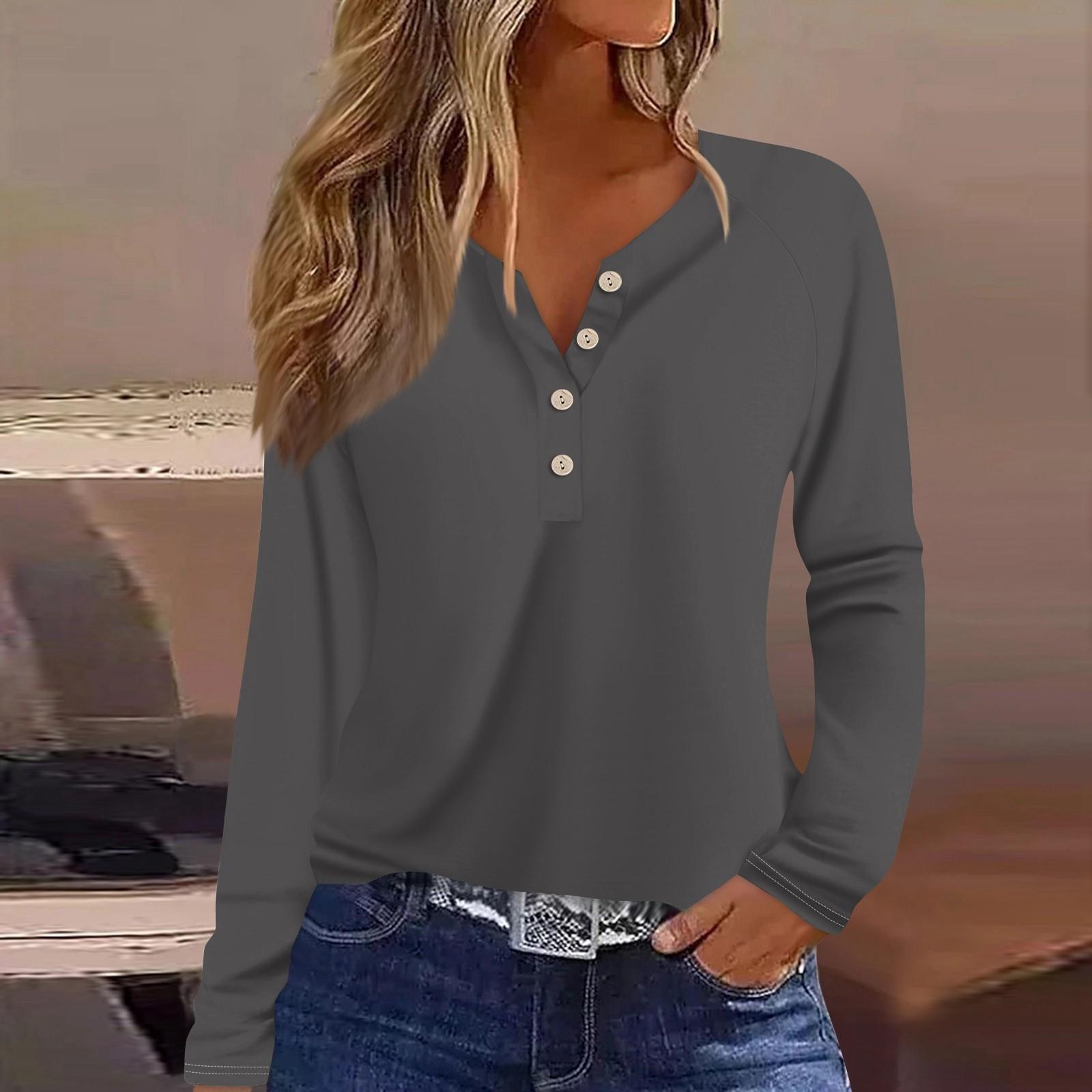 

Женская модная повседневная однотонная футболка с V-образным вырезом и длинным рукавом на пуговицах L