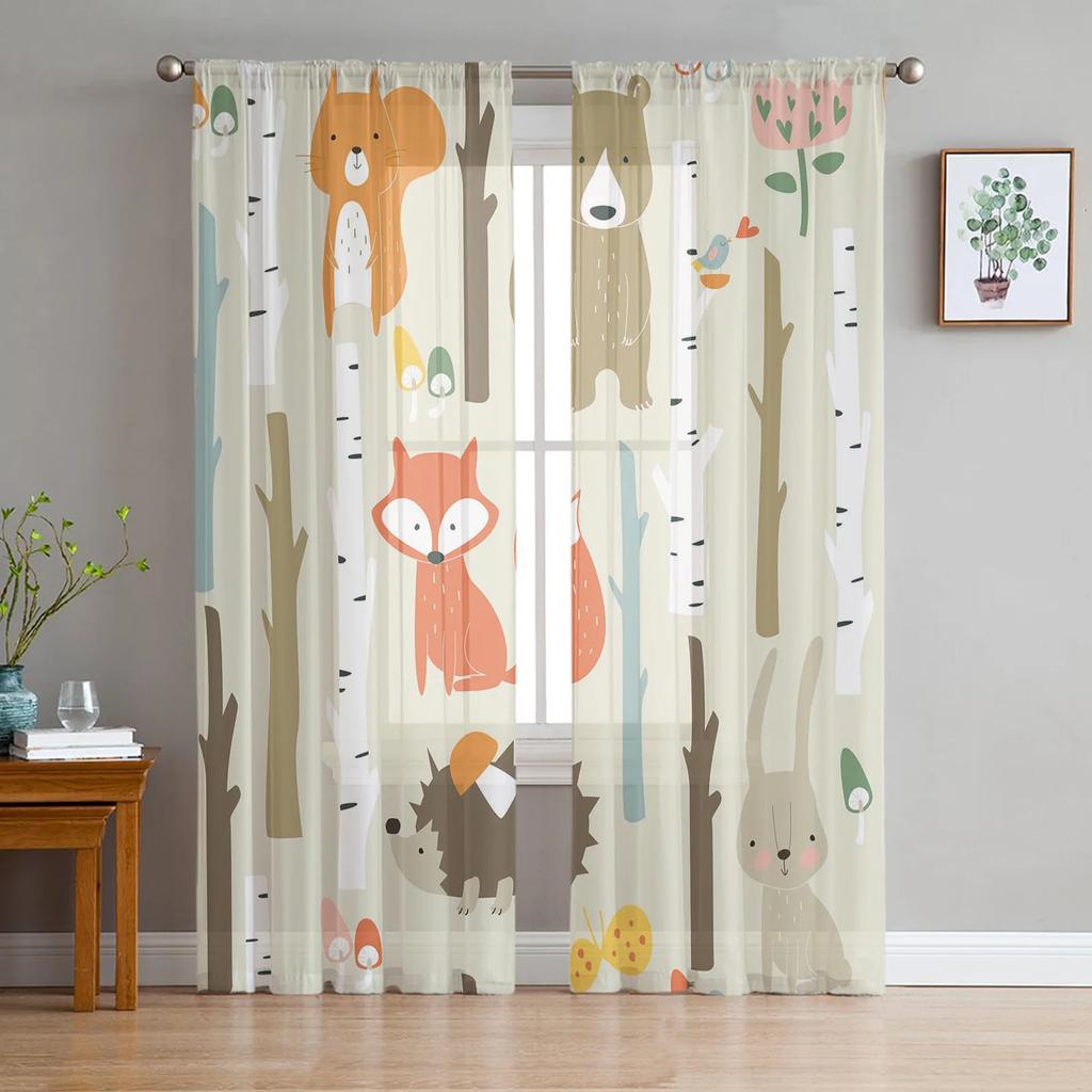 Animal Bird Fox Forest Winter Birch Tree Tulle Sheer Curtains for Living Room Bedroom Decor Window Curtain Voile Organza Drapes