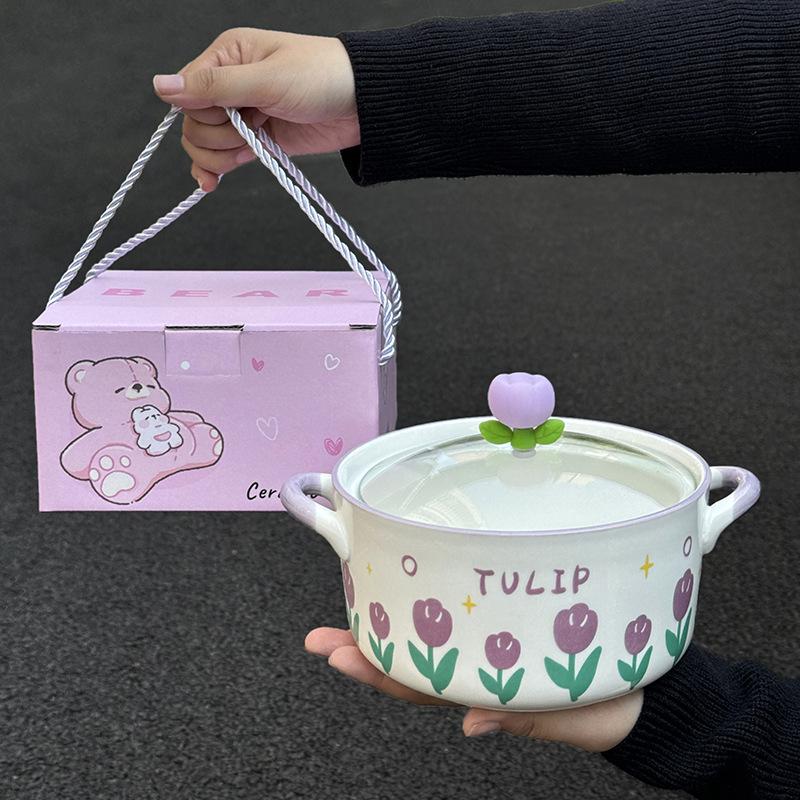 ins Tulip Ceramic Instant Noodle Bowl with Lid Student Dormitory Snail Powder Bowl for Girls Birthday Gift Box