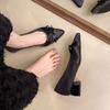 Women's Fashion Thick Heel Shoes Summer New Pointed Head Shallow Mouth Butterfly Knot A Slip-on Wear-resistant Heel Shoes