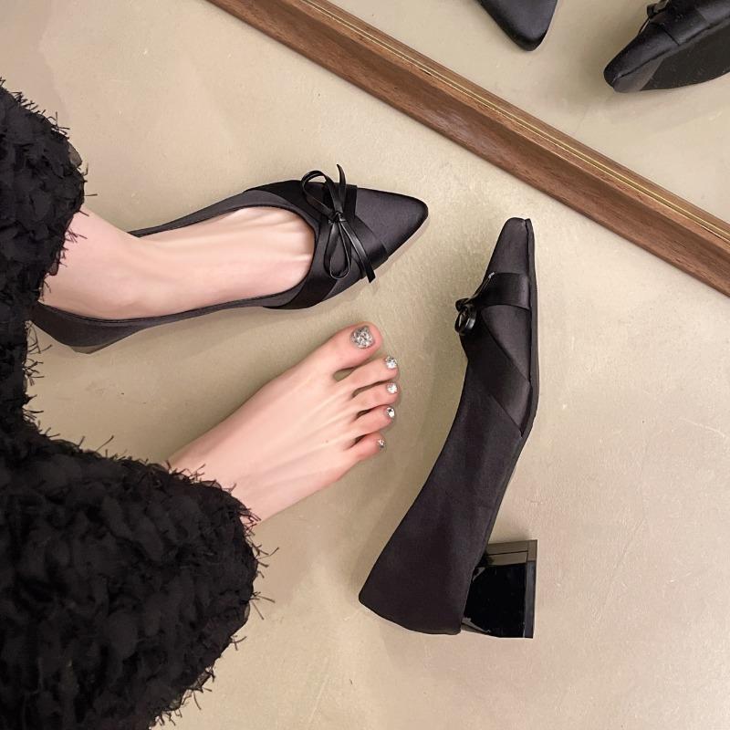 Women's Fashion Thick Heel Shoes Summer New Pointed Head Shallow Mouth Butterfly Knot A Slip-on Wear-resistant Heel Shoes