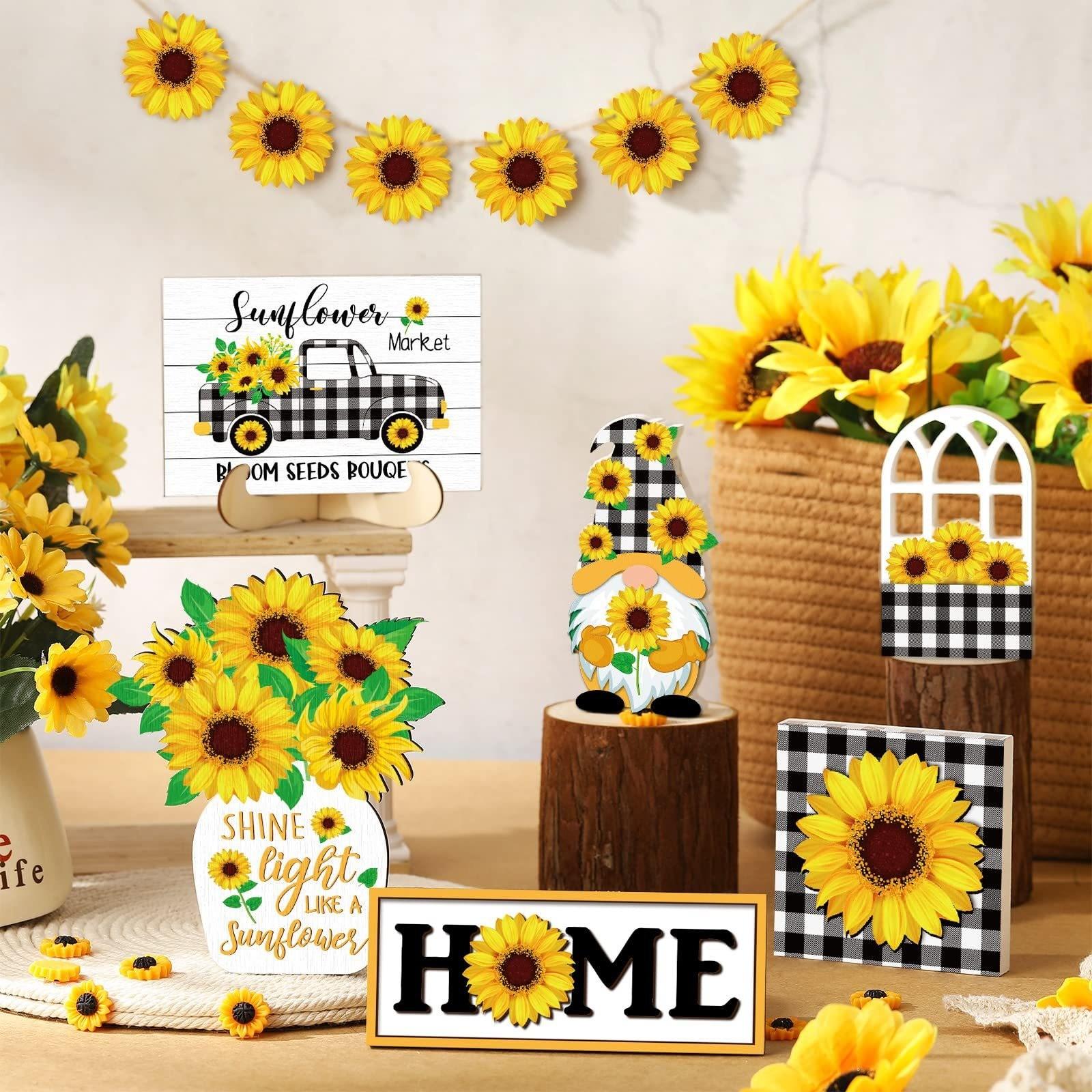 

Summer Sunflowers Tiered Tray Decor Set Farmhouse Wood Sign Rustic Spring Decorations For Home Decor One Size жовтий