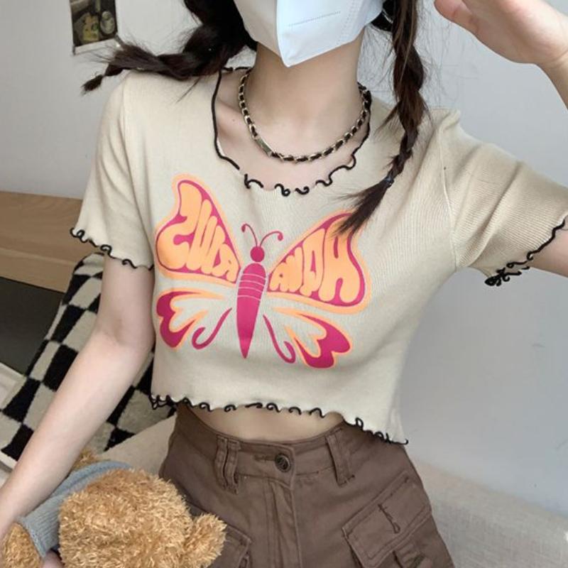 Design Sense Spicy Girl Printed Fungus Edge Exposed Navel Knitted Short Sleeved T-shirt for Women's Summer Versatile Clothes