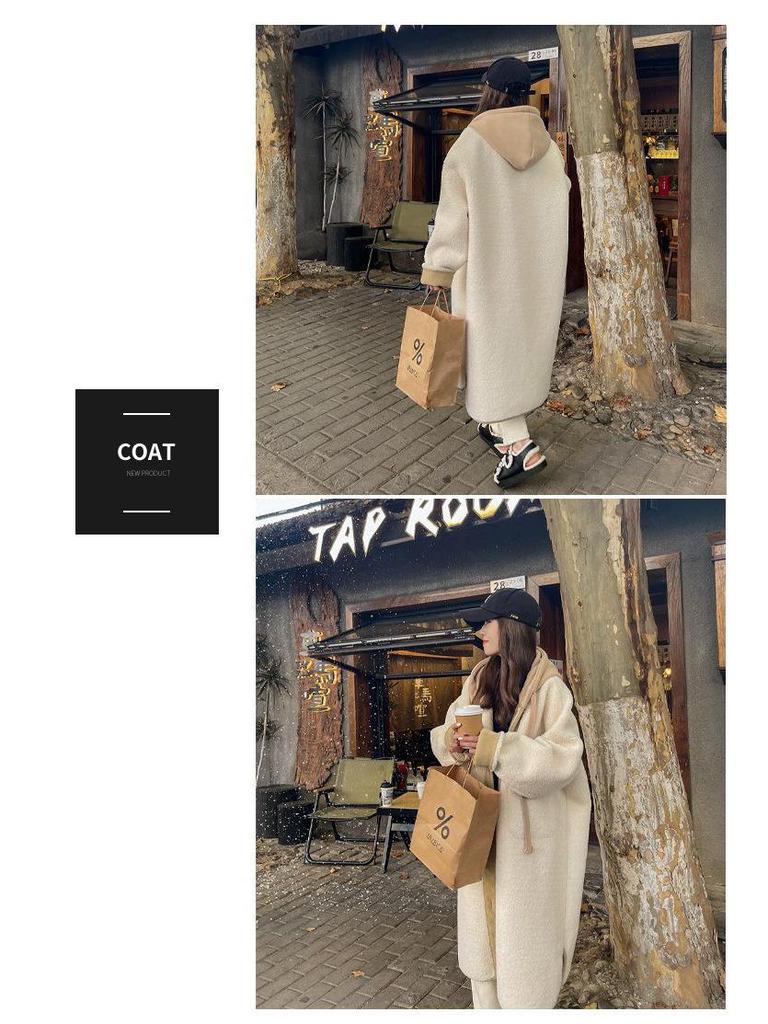 Beige Hooded Lambswool Mid-Length Coat - Thickened Korean Style, Loose Fit, Autumn/Winter Plush Jacket