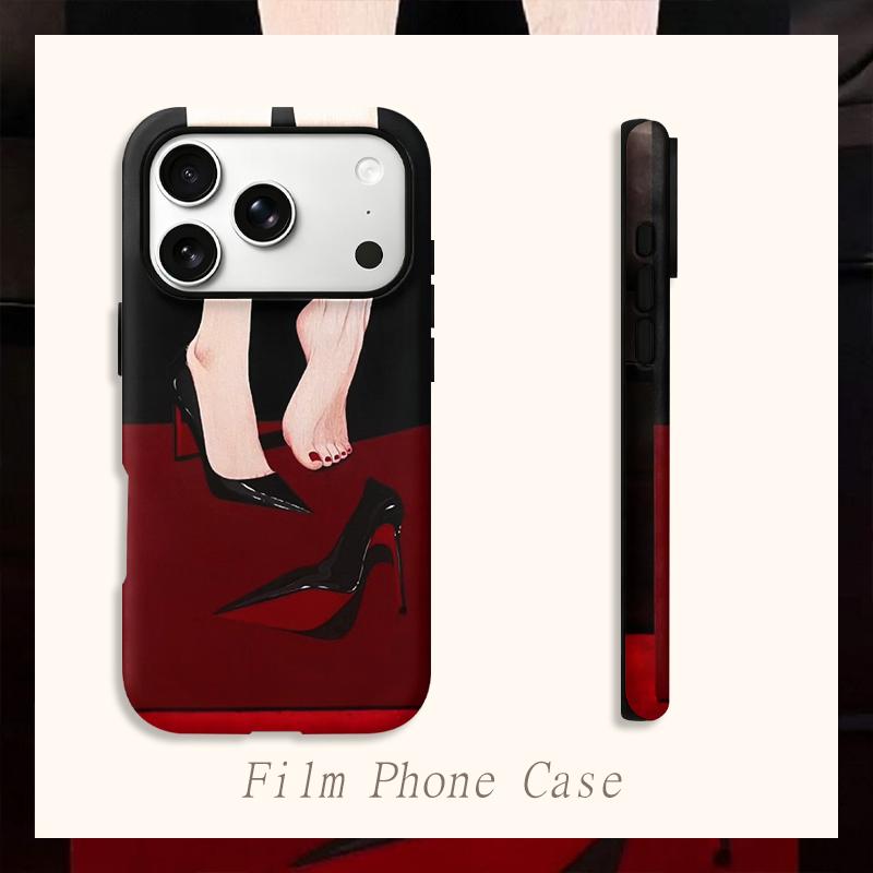 Elegant Minimal Black Red High Heels Stiletto Bare Foot Red Nail Art Film Aesthetic Protective Shockproof Bumper Case For iPhone 14 15 16 Pro Max Plus