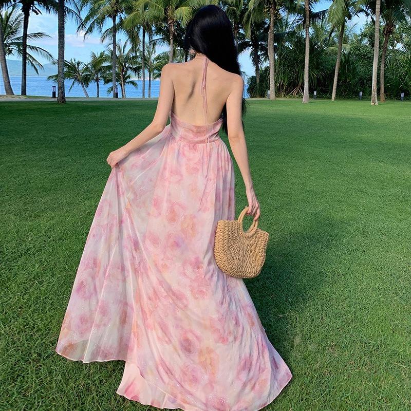 Hochwertiges leichtes Luxus-Kleid mit dreidimensionalem Blumen-Nischenhals, für den Sommer, den Strand oder den Urlaub, für Damen