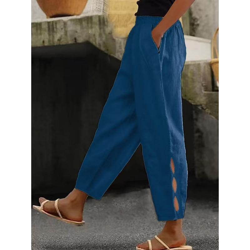 Fashion Casual Loose Hollow Out Women's Pants Cotton and Linen Loose Elegant New Solid Color Spring Autumn Short Trousers Office Basic Ladies Clothing