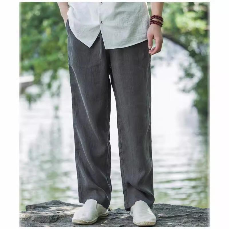 Linen pants men's summer thin breathable new middle-aged and young cotton and linen wide-leg casual trousers large size