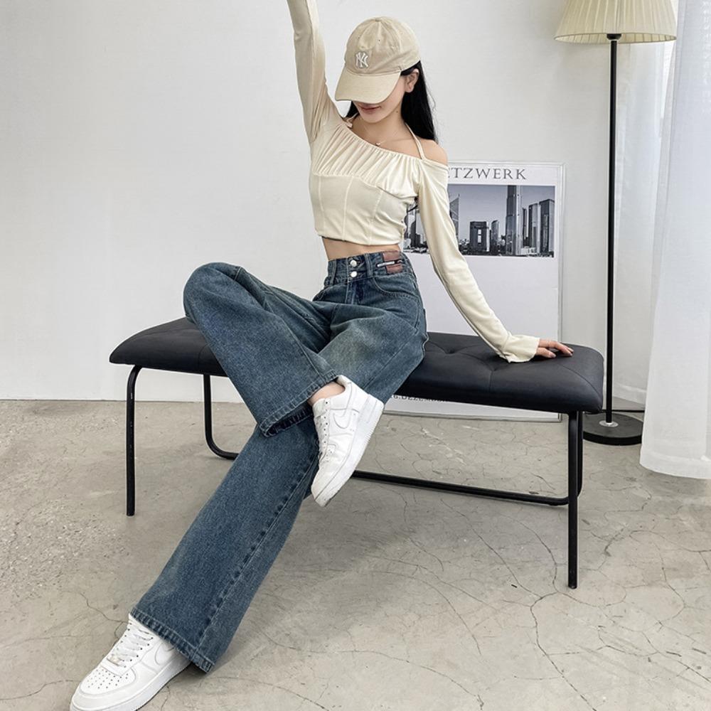 Retro jeans women's wide legs new autumn and winter high waist straight loose small drape floor jeans
