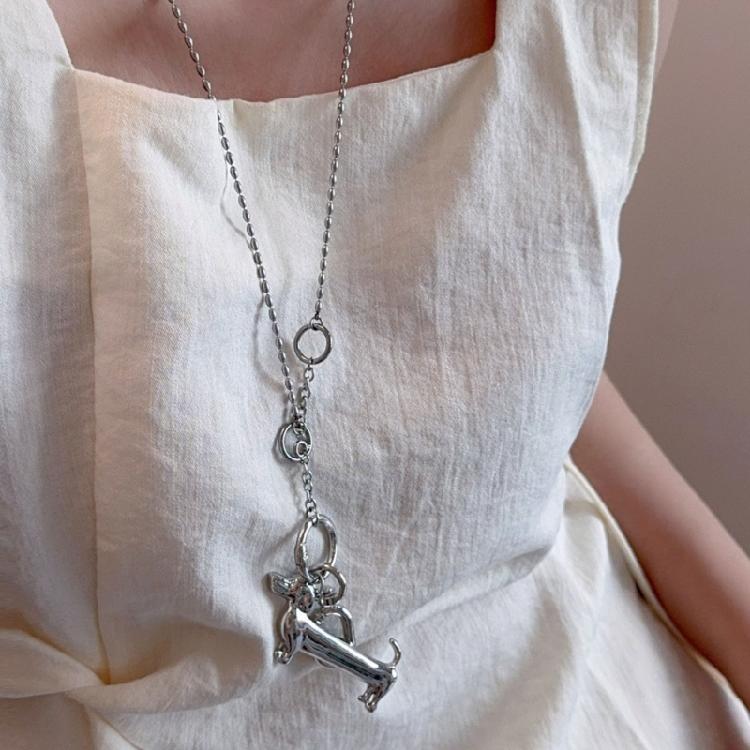 Cartoon Dog Pendant Necklace With Long Beaded Chain Versatile Fashion Statement Clavicle Jewelry Accessory