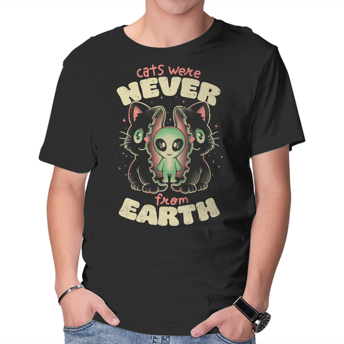 Unisex Crew Neck T-Shirt Cats Were Never From Earth Graphic Short Sleeve Casual Tee L