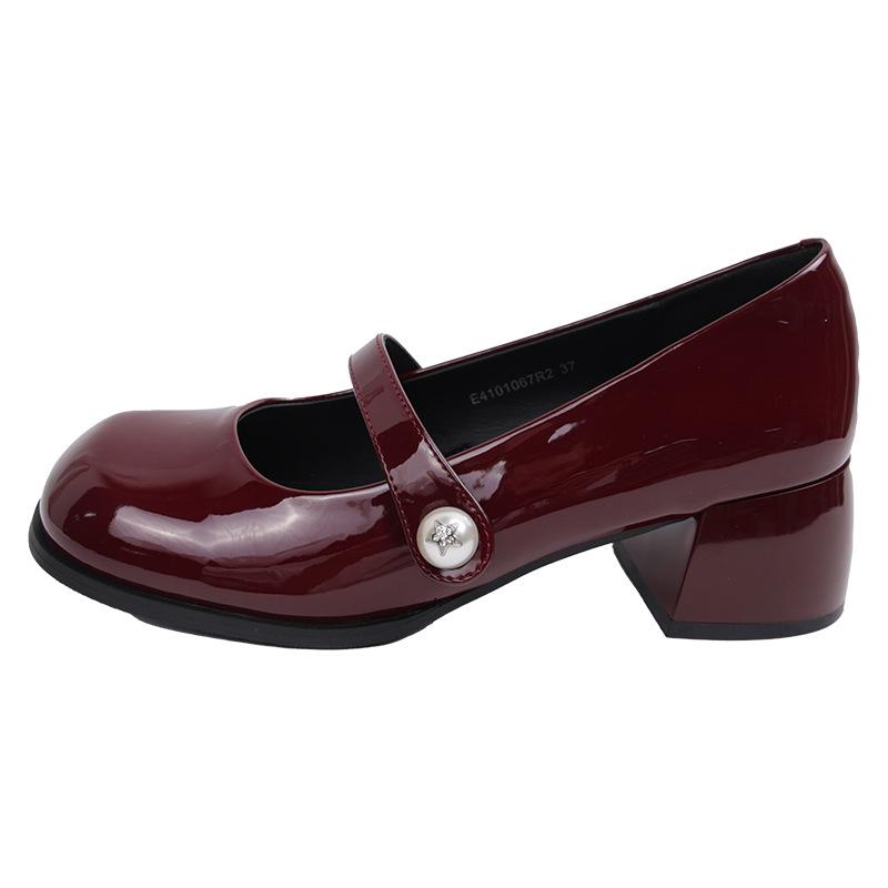 

Французский жемчуг слово с туфлями Мэри Джейн ретро квадратный носок лакированная кожа средний каблук одинарные туфли JK светлое голенище толстый каблук одинарные туфли женская обувь 39 бордовый