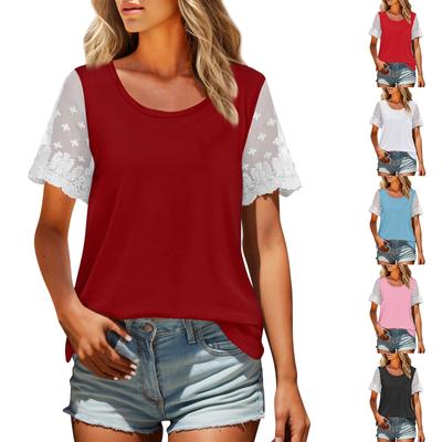 Damen T-Shirt mit Rundhalsausschnitt, einfarbig, kurzärmelig, aus Spitze