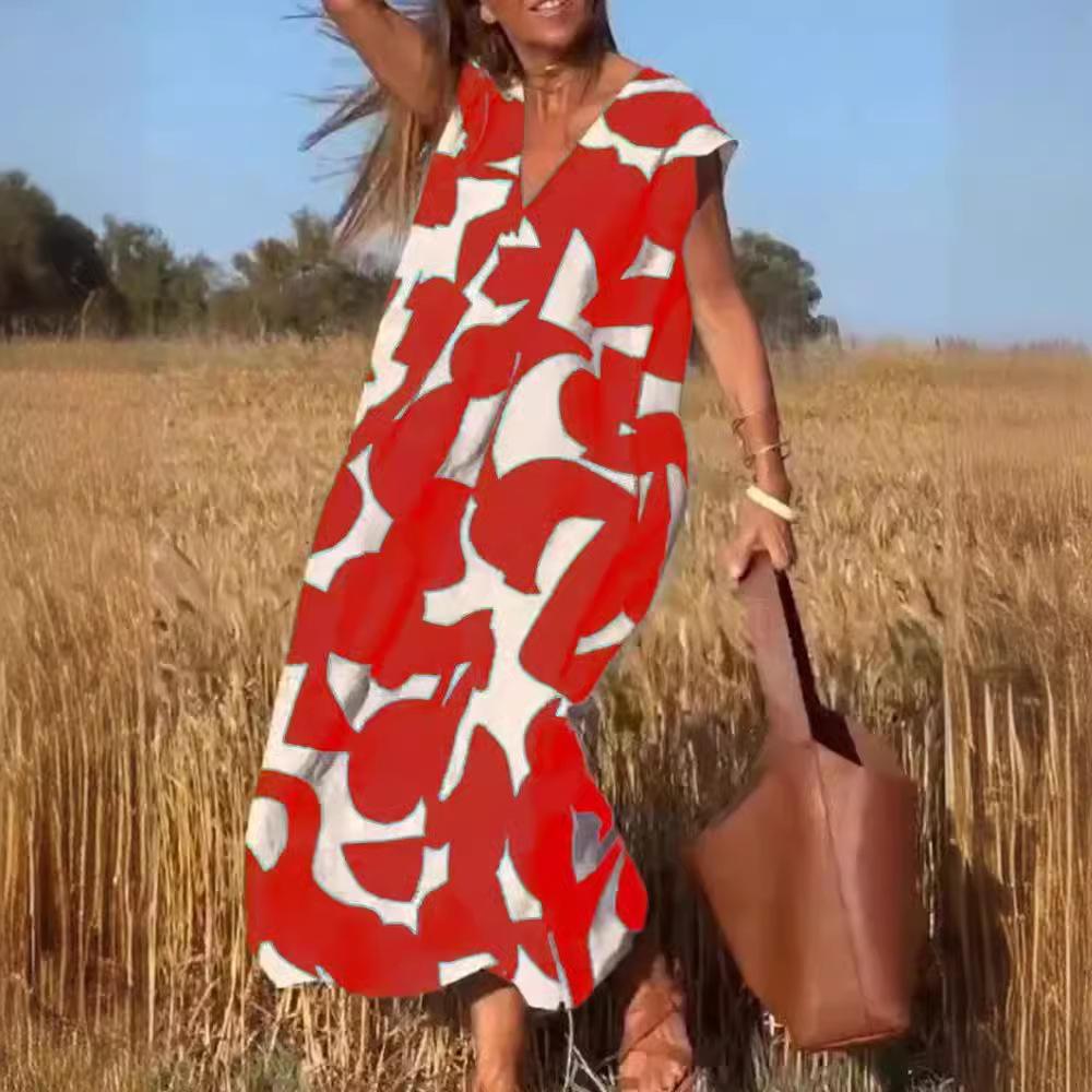 Eleganter Damenstil V-Ausschnitt Lockeres Kleid Sommermode Vielseitige Lange Kleider