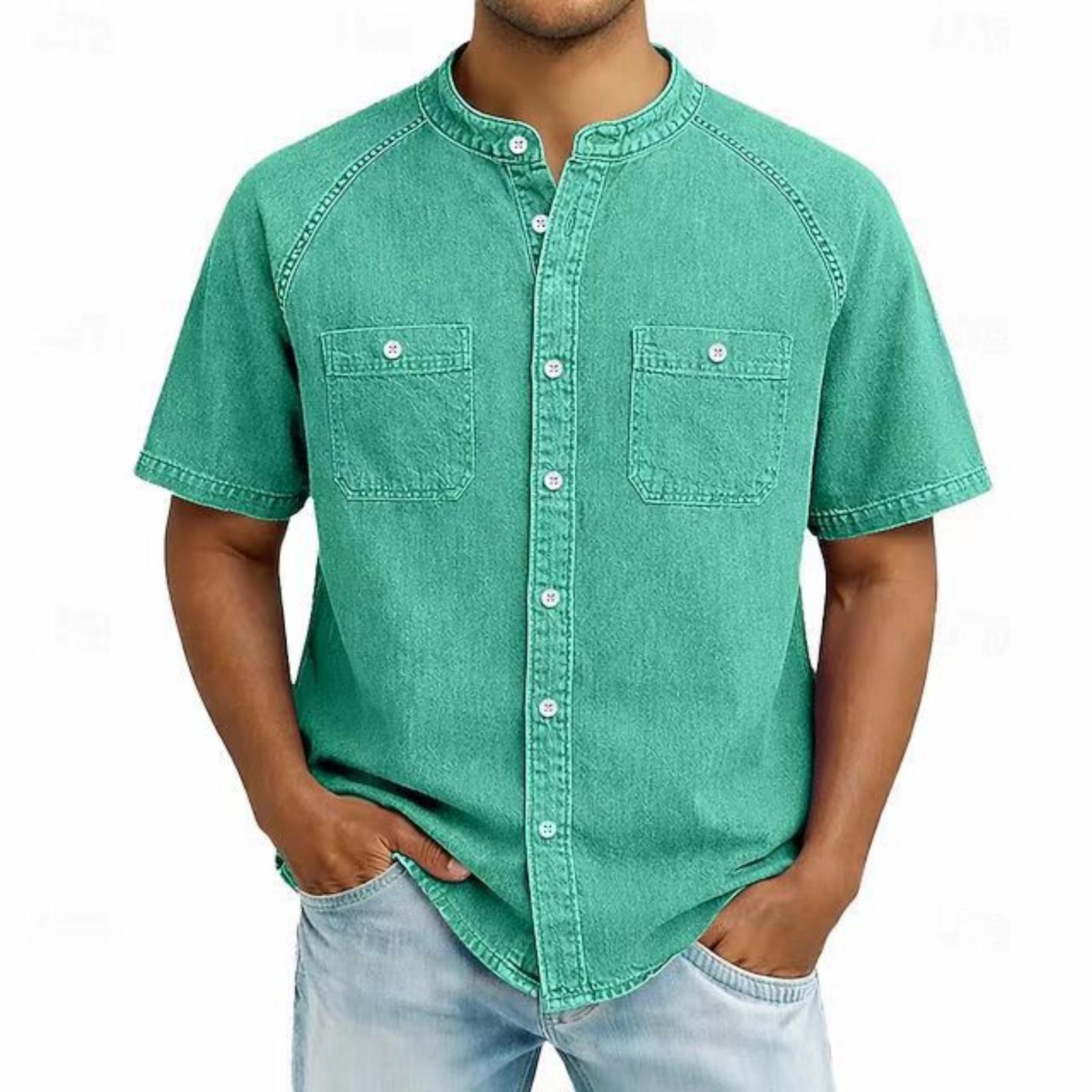 

Men s Casual Short Sleeve Denim Shirt Vintage Washed American Style Button Down Henley Collar Relaxed Fit Retro Pocket Design XXXL зелёный