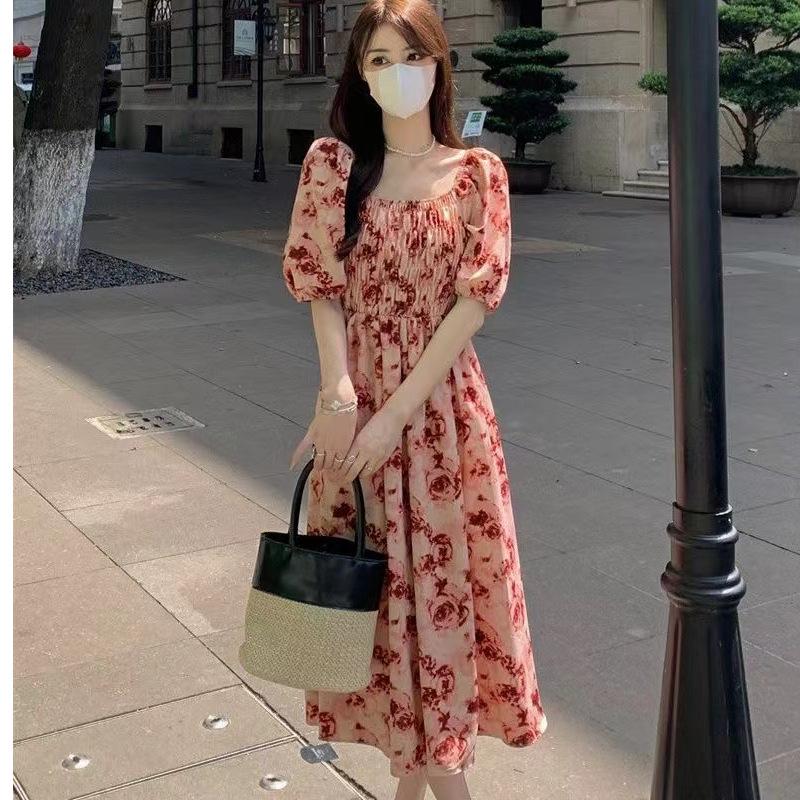 French rose print square neck dress women s spring and summer new vacation style pleated waist long dress S
