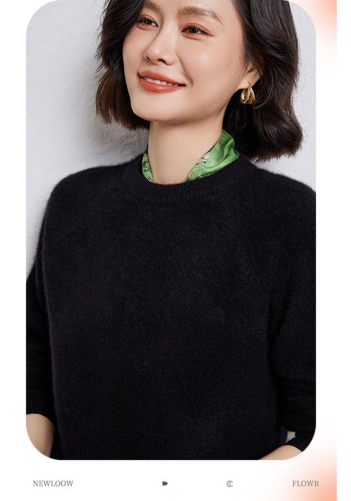 Women's Thick 100% Wool Raglan Sleeve Round Neck Sweater - Loose Knit Long Sleeve Pullover for Autumn/Winter