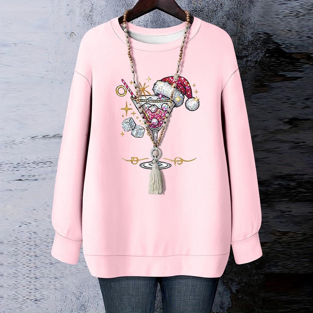Ladies' Christmas Printed Round Neck Long Sleeved T-shirt Sweatshirt Top