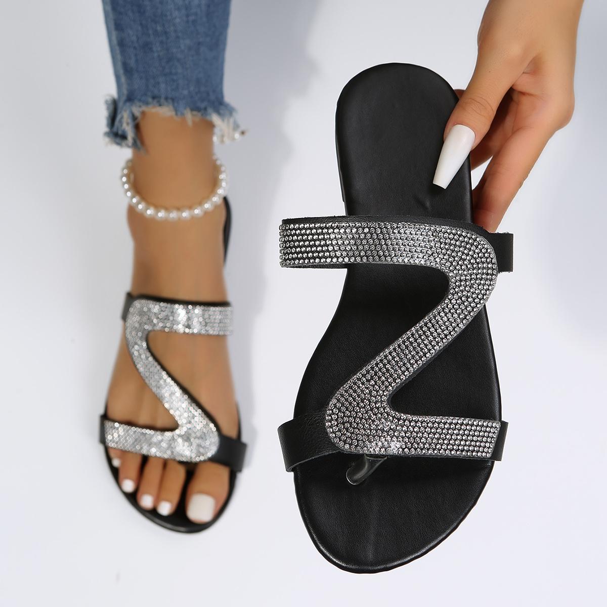 

Женские шлепанцы с декором из стразов, сандалии в богемном стиле, туфли на плоской подошве с открытым носком 37 чёрный