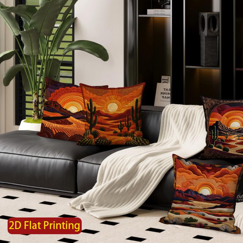 2D Retro Desert Sunset Cactus Throw Pillow Covers** Pattern Cushion Cover Suitable For Sofa Bedroom Car Pillow Cover