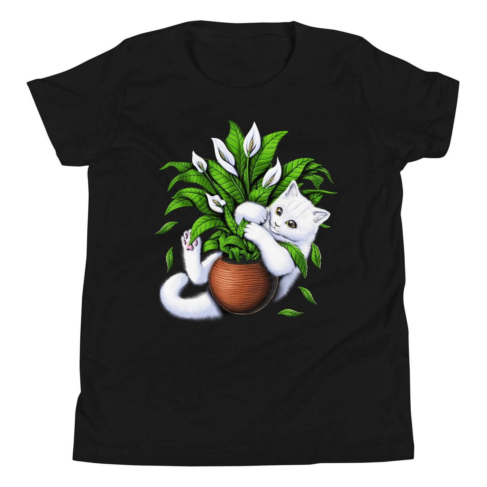 Cat Plants Kids T-Shirt, Gardening Houseplants Tee, Girls Cat Shirt, Gardener Shirt, Botanical Clothing, Floral Botany Clothes, Cat Apparel 150