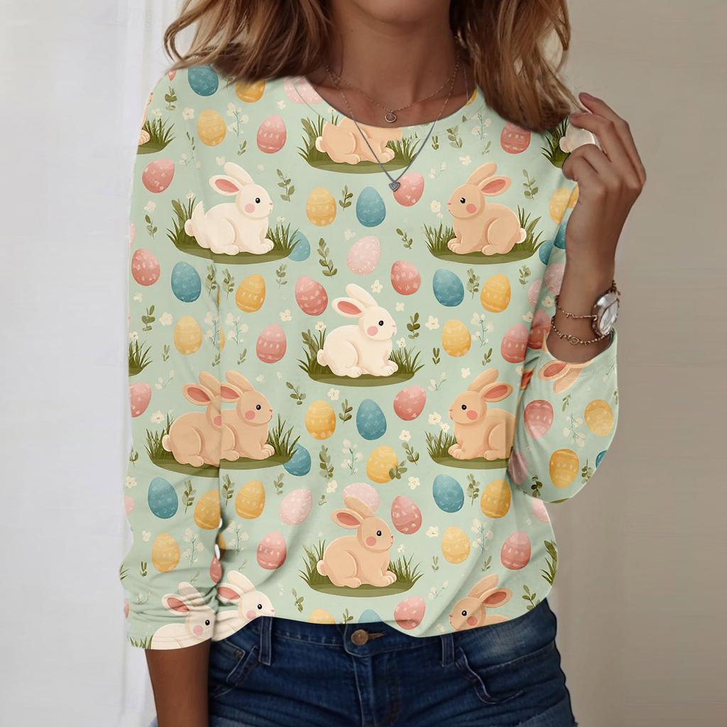Women's Daily Casual Long Sleeved Easter Printed Round Neck Top