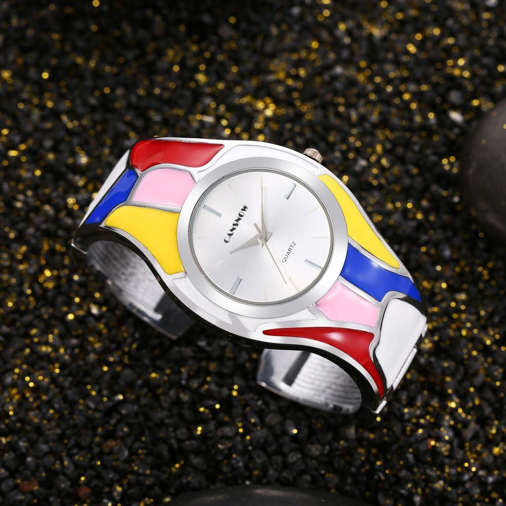 Women's Retro Style Random Oil Dripping Color Rainbow Quartz Bracelet Watch Elegant Ladies Women's Watch Clock