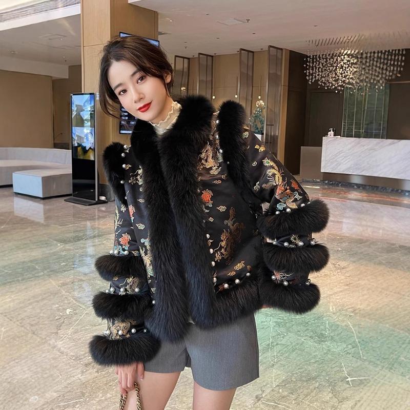 

Winter new medium imitation fox fur coat women s short fashion young nail bead Tang suit XL 130-75 kg чёрный