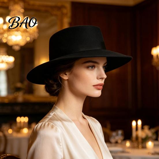 Luxury Aesthetic Head Accessory Flat Top Fedora Hat, Wool Blend Derby Cap, Retro Jazz Chic Vacation Travel Hat Wide Brim Felt for Women, Events