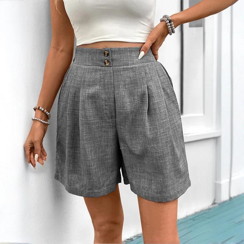 Sommer High Waist Shorts Damen Lässig Locker Weites Bein Einfarbige Shorts Lässige Kurze Hosen Taschen Urlaubs Short