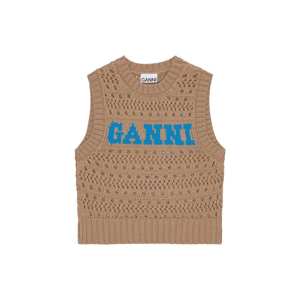 Ganni Ss24 Logo Ribbed Crochet Round Neck Knitted Vest Women vest Tiger-Eye K2166177