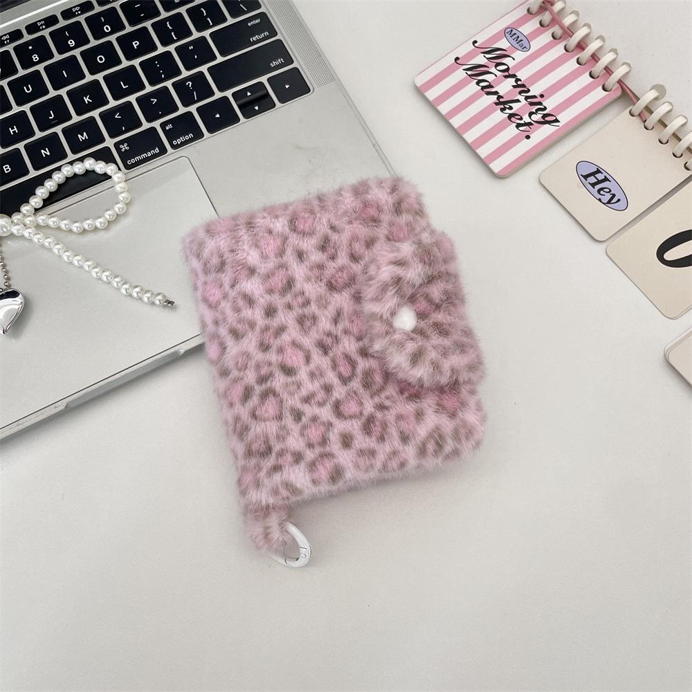 Pink Leopard Coin & Sundries Storage Bag - Cute Blue Plush Large Capacity Portable Card Holder