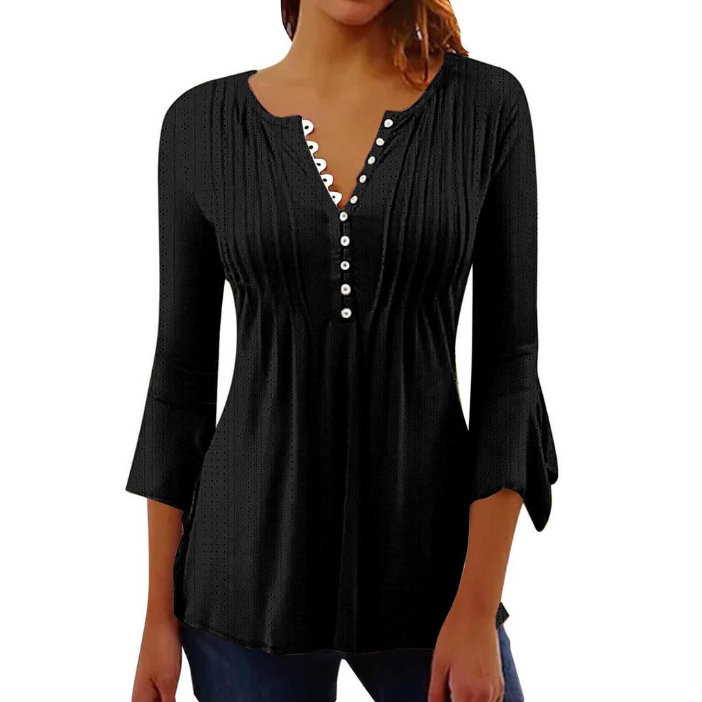 Solid Color Hollow Out V Neck Button Petal Sleeve Loose Commuting Women T Shirt