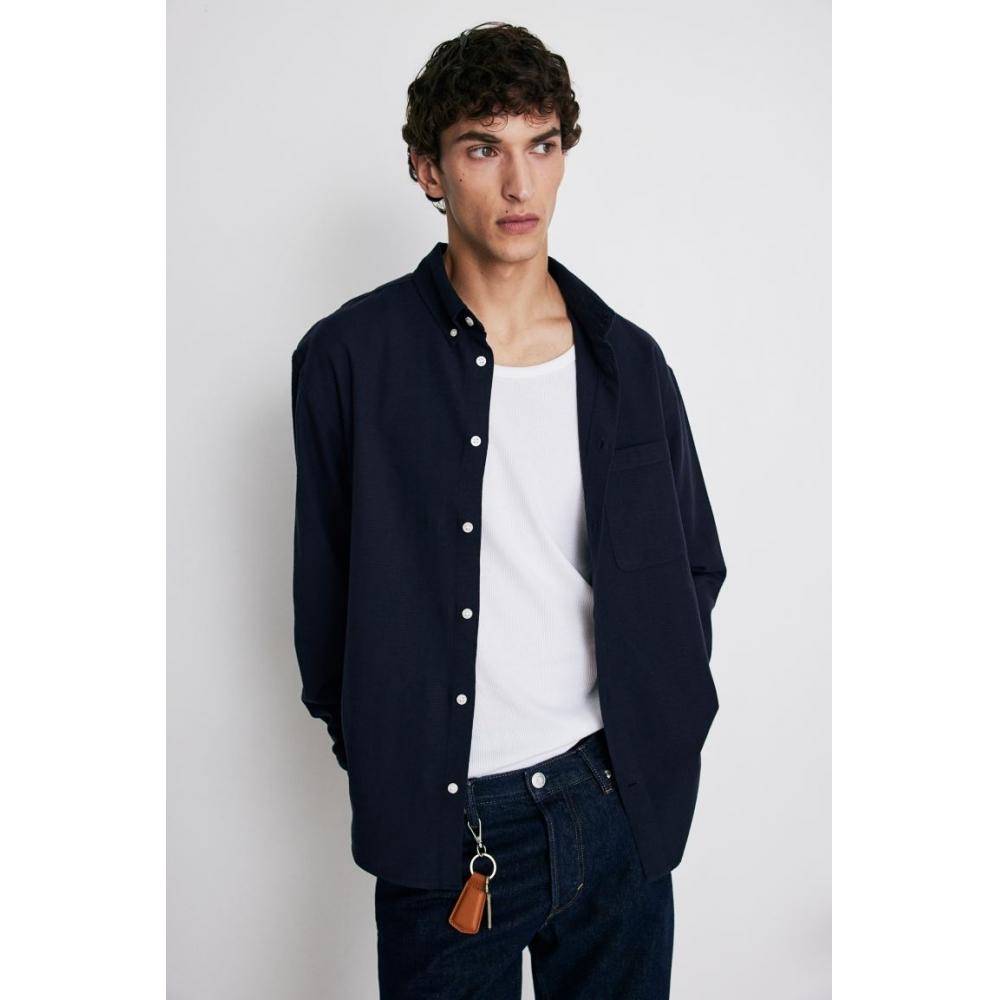 H M Textured sHirt Regular Fit Navy Blue
