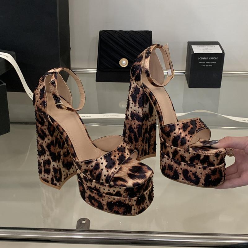 

Fashion Runway Style Fashion Rhinestones Leopard Pattern Women Gladiator Sandals Summer Double Platform Wedges Chunky High heels Shoes 40 коричневый