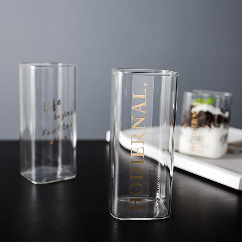 Quadratische Kaffeetasse aus Glas, bedruckt, transparent, hitzebeständig, große Kapazität, hoher Strohhalm, Trinkgeschirr für Mousse, Wein, Wasser, Saft, Milch
