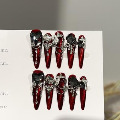 Ongles Press-on Rouges Faits à la Main Avec Strass Longs Stiletto Faux Ongles Réutilisables Acrylique Faux Ongle Couverture Complète Ongle à Coller Ongle à Coller pour Femmes