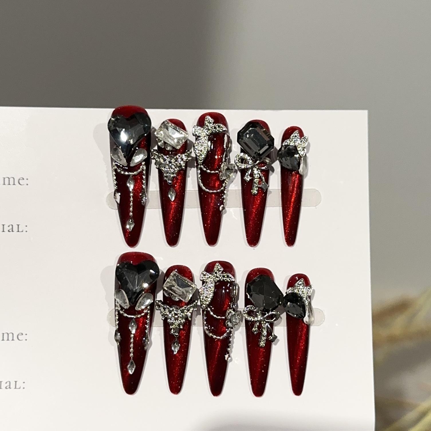 

Красные накладные ногти ручной работы со стразами, длинные стилеты, многоразовые акриловые накладные ногти, полное покрытие, клей для ногтей, самоклеящиеся ногти для женщин L