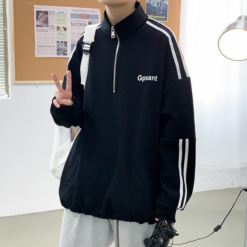 

Half Zipper No Hat Sweater Men s Autumn Loose Hong Kong Style Jacket Retro Style M