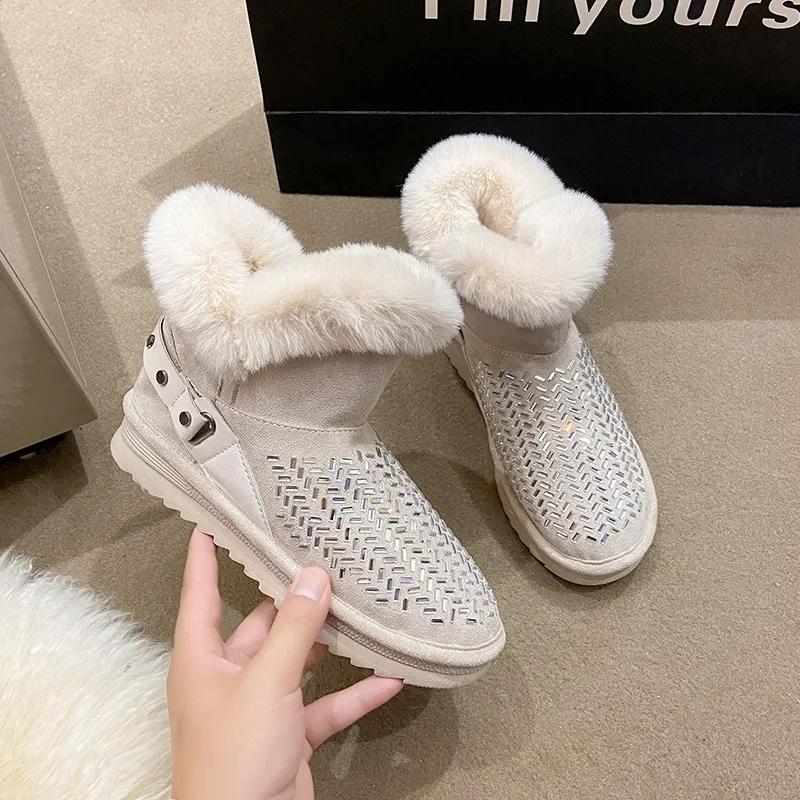 Fashion High Platform Shoes Winter Snow Boots Slip-on LazySeal Warm Real Mink Fur Shoes Women Luxury Crystal Hand Stitching Leather Boot