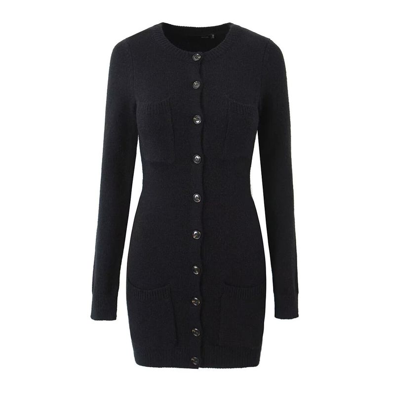 

Za Autumn New Arrivals Women s Clothing Zr European and American Style Padded Shoulder Button-Down Long Sleeve Knitted Slim Fit Bodycon Dress Black M