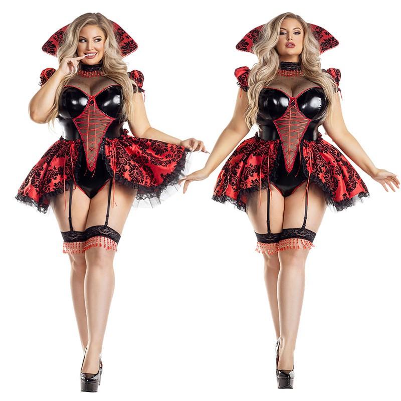 Gothic Queen Halloween Costume Women Vampire Witch Cosplay Outfit Red Sexy Party Dress Role Play