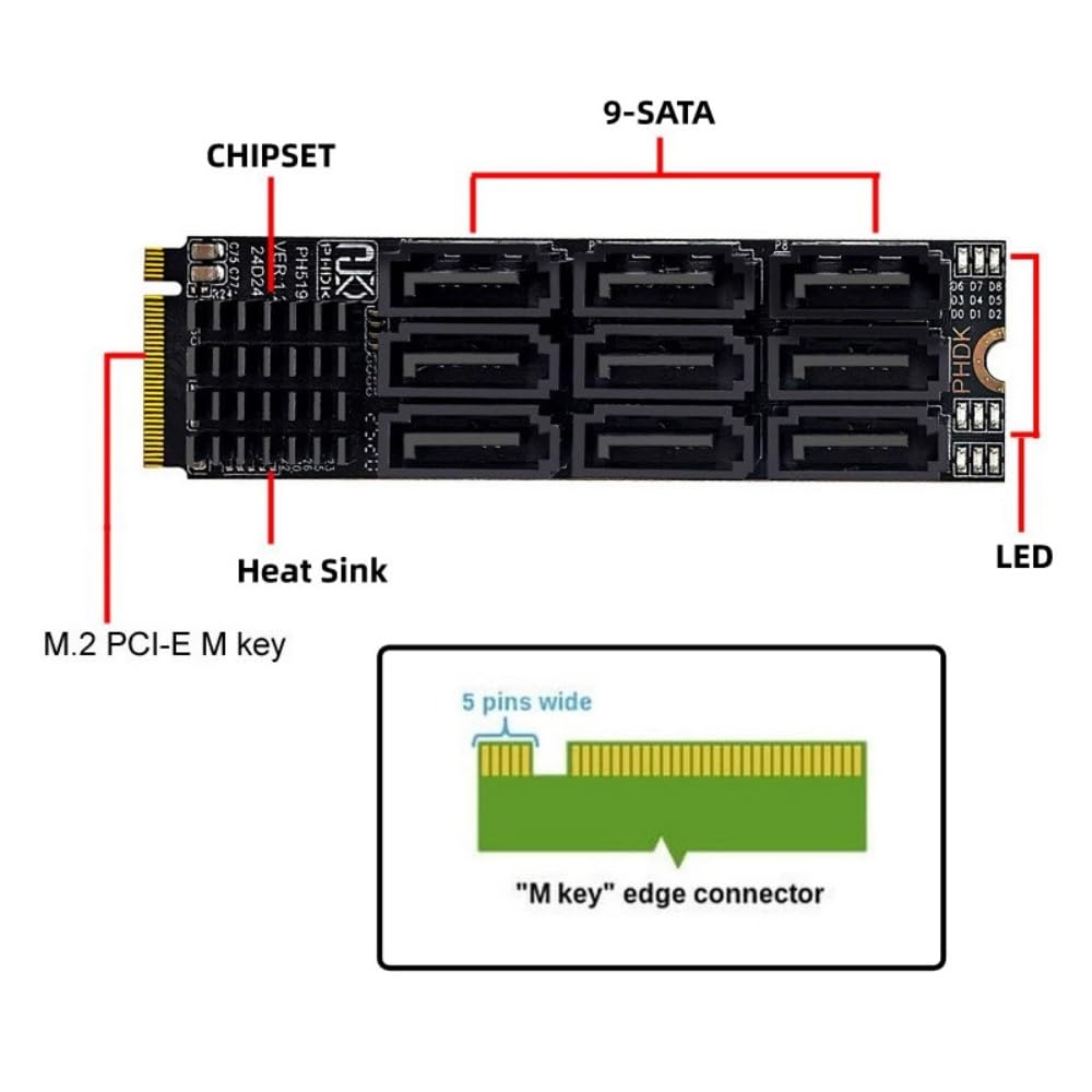 Xiwai NGFF NVMe M-Key PCI Express M.2 to SATA 3.0 6Gbps 9-Port Adapter Converter Hard Drive Expansion Card for 2280 NAS Computers