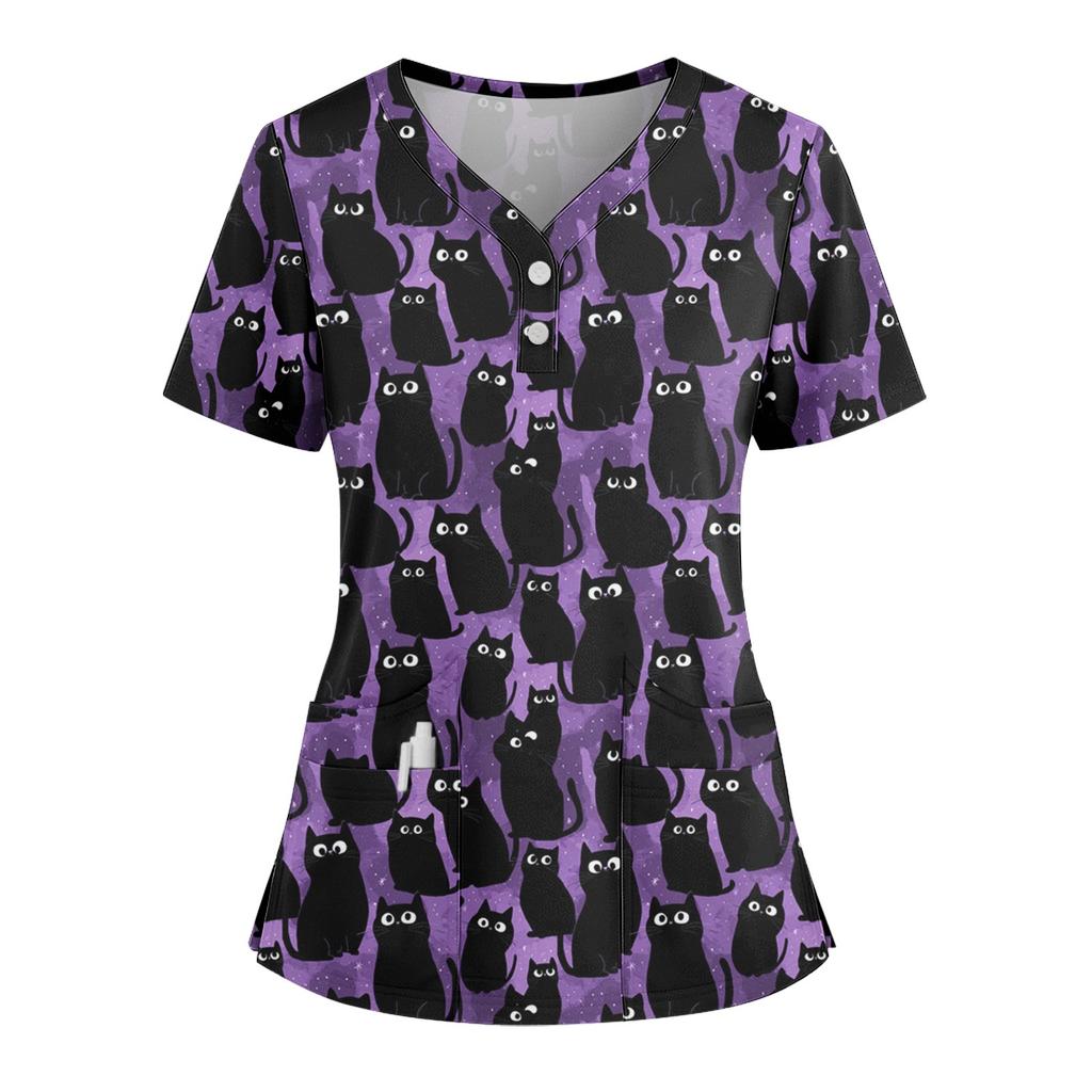 Women's Loose Short Sleeved Fashionable Halloween Print V-neck Buttonable Side Slit Top T-shirt