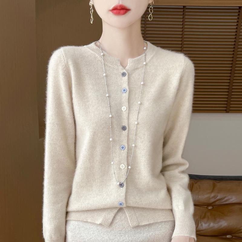 Women's Slim Fit Australian Wool V-Neck Cardigan - Autumn/Winter Collection, Solid Color, Soft, Skin-friendly, Versatile, Button-up Sweater