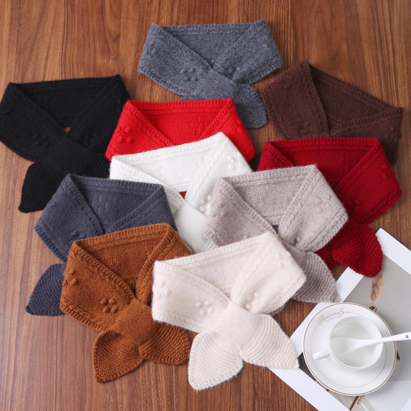 Women's 100% Pure Wool Perforated Knitted Small Bow Tie Scarf Warm Printed Neck Guard Woolen False Collar Fashion Accessory