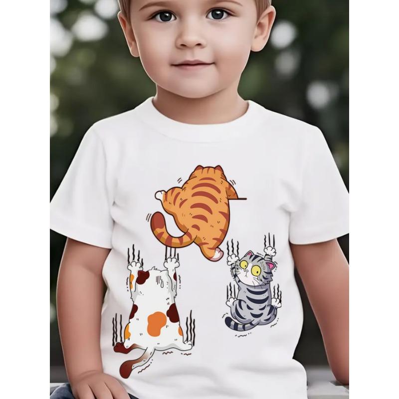 European sizes Summer Fashion Boys  Short-Sleeve T-Shirt  Three Climbing Kittens  Print Outdoor Casual Top 110 белый